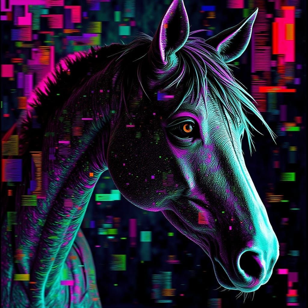 Glitchcore Horse with Film Grain and Digital Artifacts