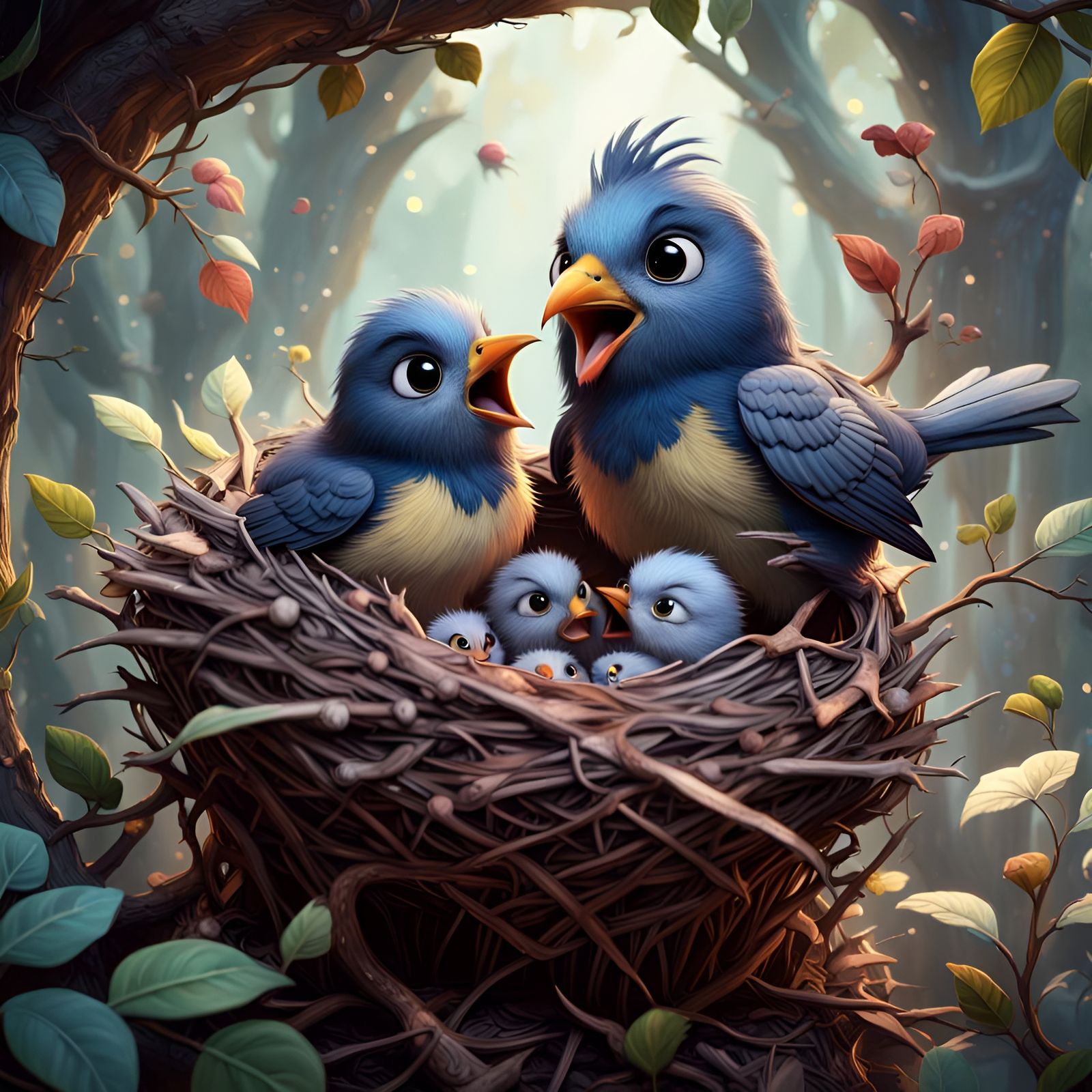 Cute Bird Singing to Babies: Detailed Digital Painting