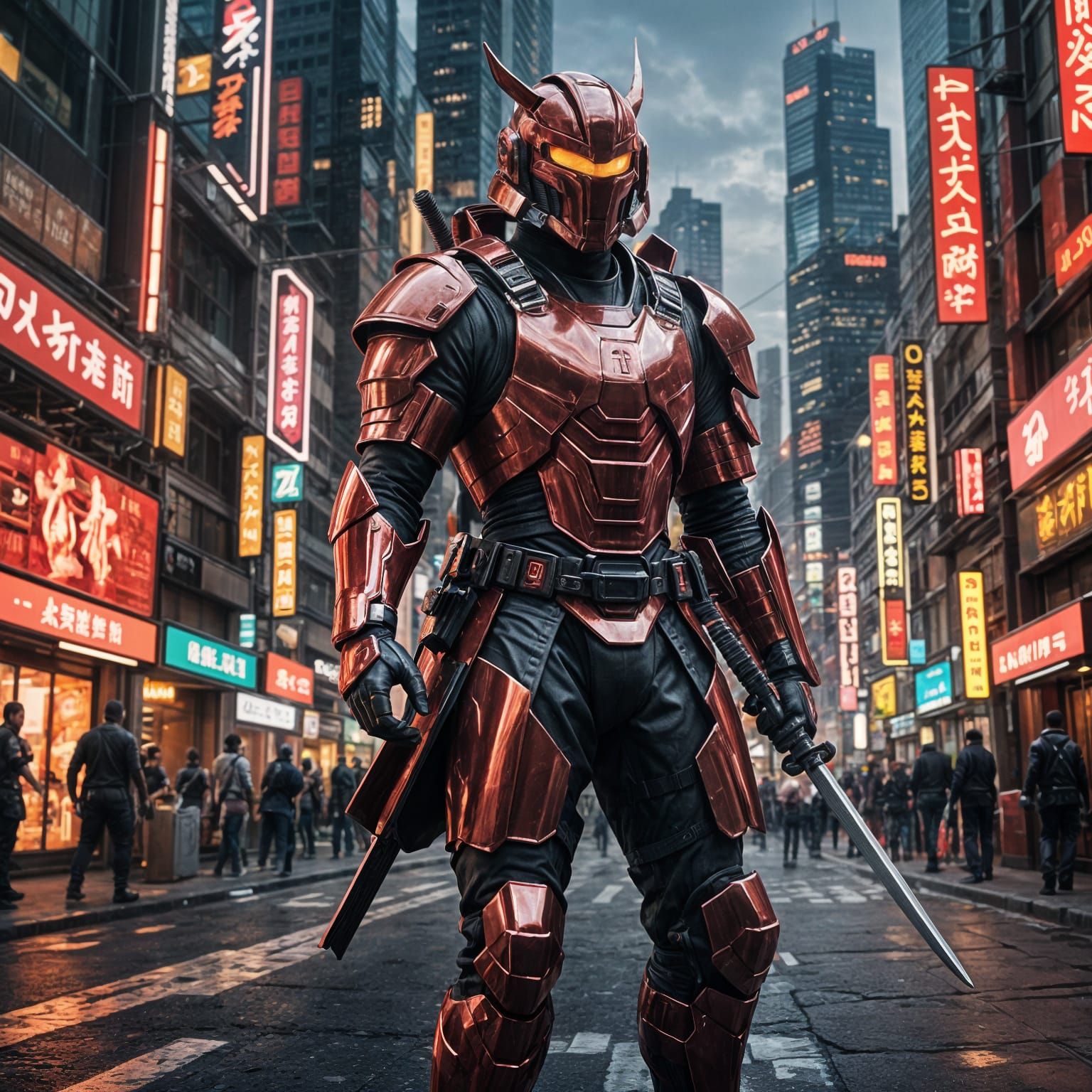 Futuristic Samurai in Red Titanium Armor