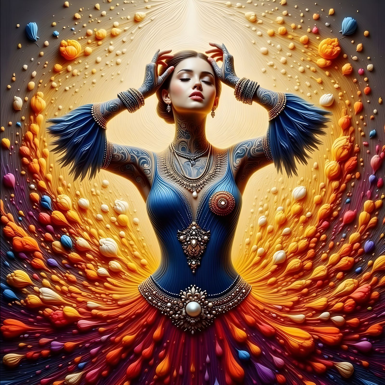 Exotic Goddess with Vibrant Attire and Intricate Adornments