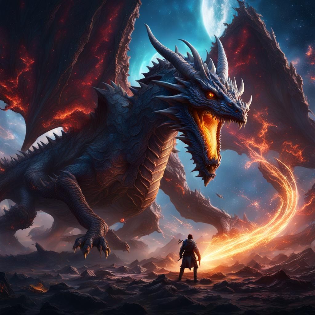 Giant Dragon Destroying Galaxy: Detailed Matte Painting