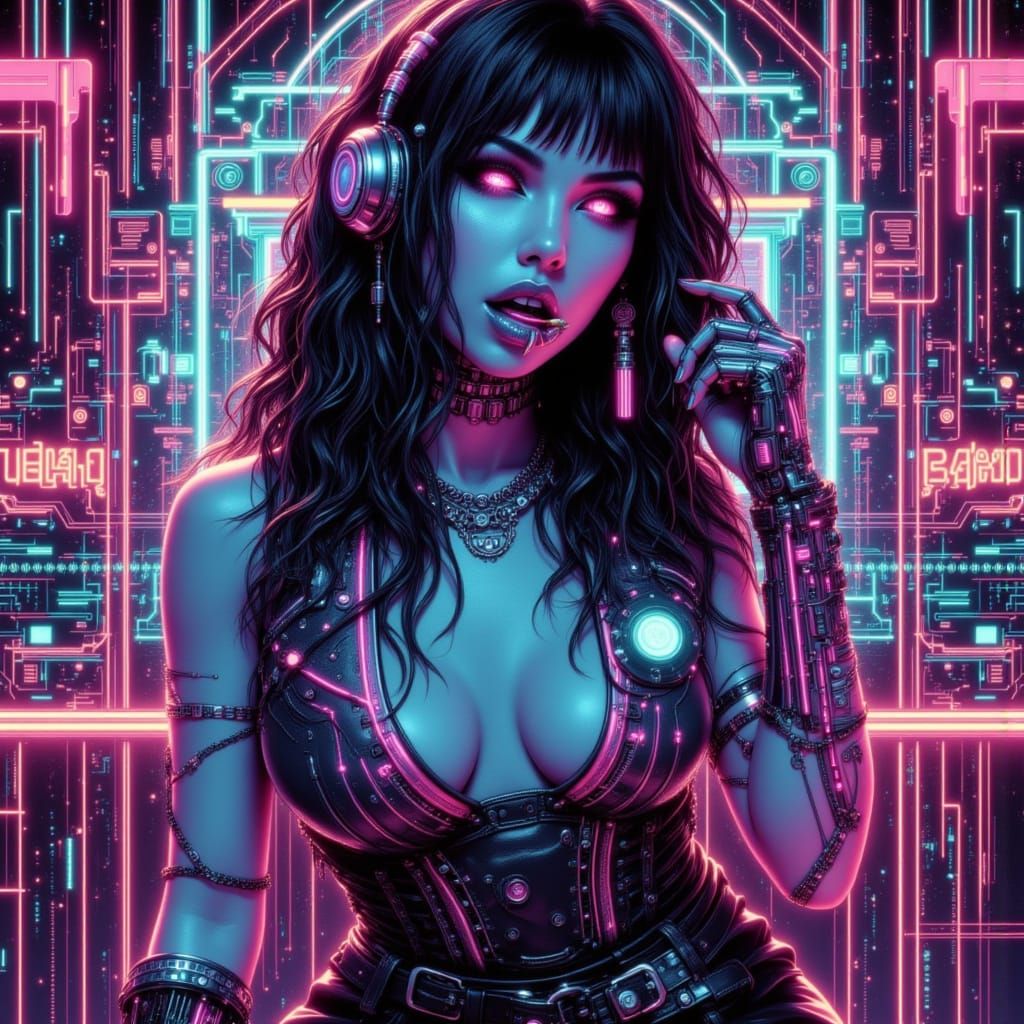 Gothic Cyborg Woman Biting Lips in Retro Cyberpunk Style