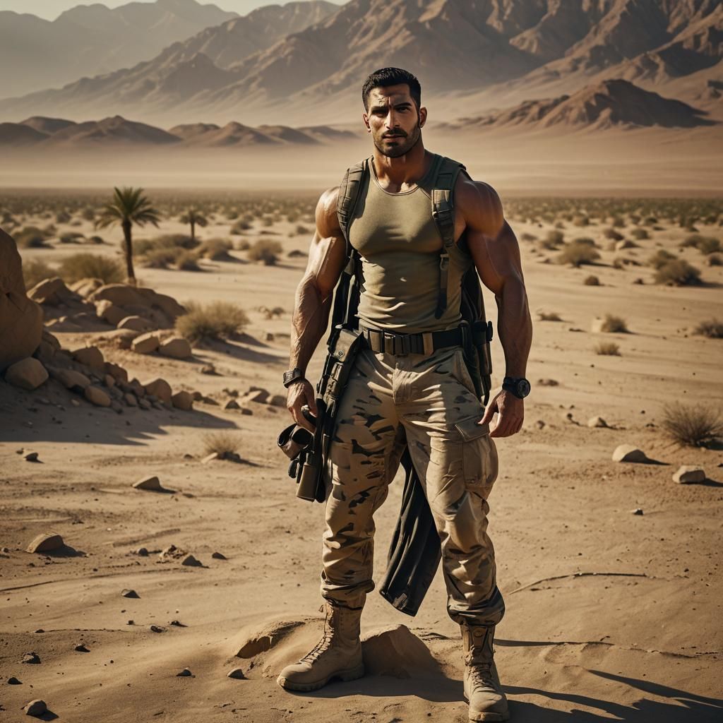 Arab Bodybuilder in Military Gear: Cinematic Desert Scene