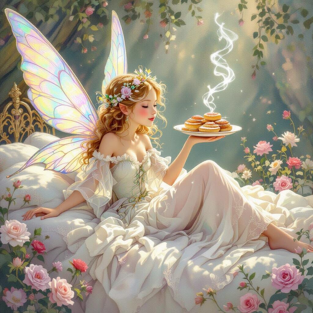 Whimsical Fairy Girl with Iridescent Wings and Pastries