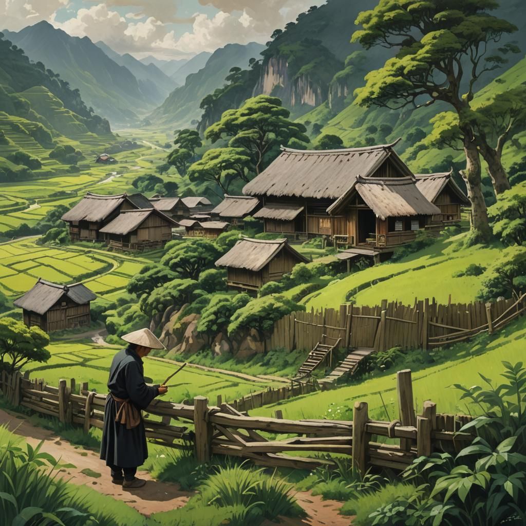 Tranquil Valley Scene with Rustic Huts and Grazing Cattle