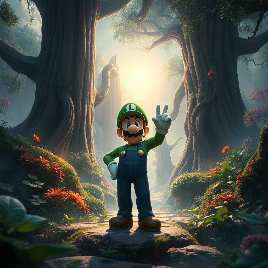 Luigi in a Mystical Dreamlike Landscape