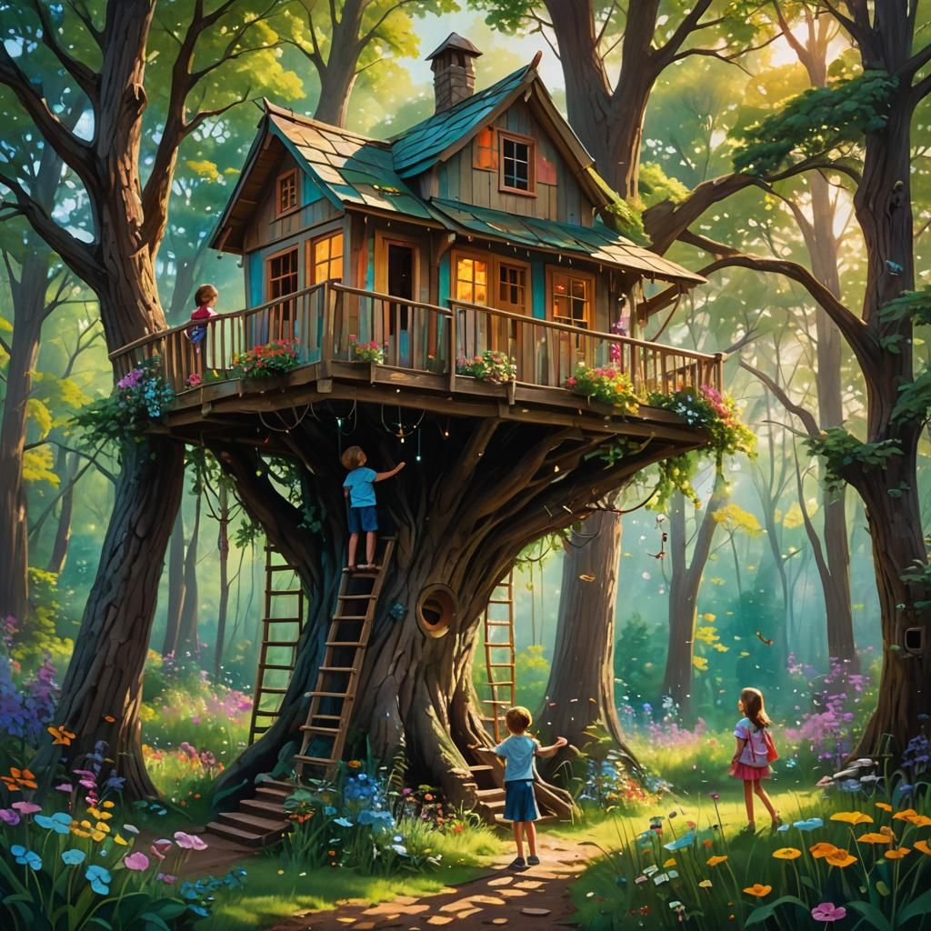 Colorful Treehouse Adventure: Siblings in a Floral Forest