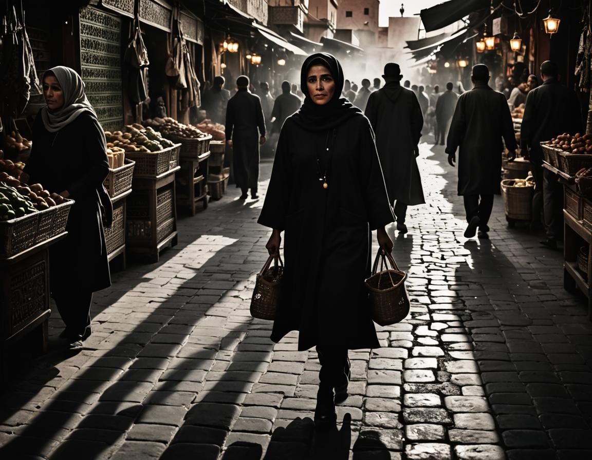 Mysterious Woman in Marrakesh Market: Film Noir