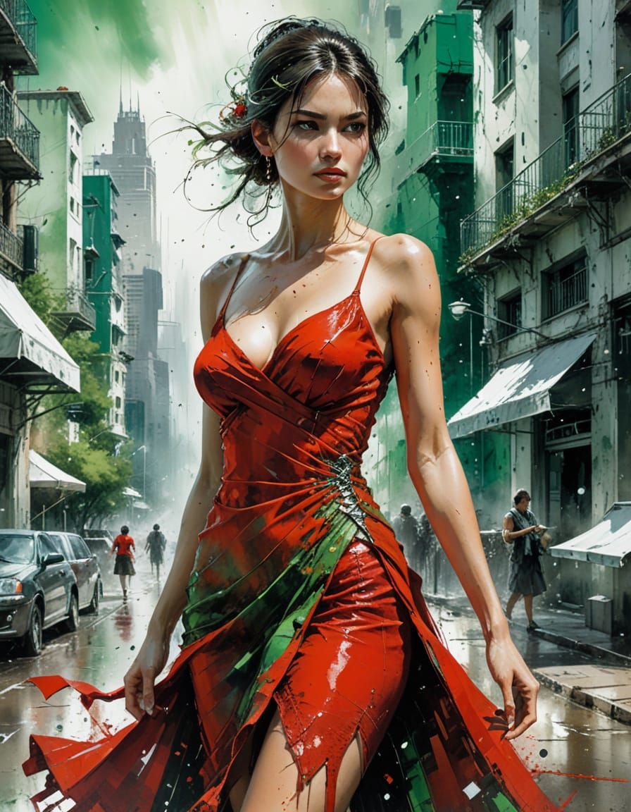 Woman in Cityscape: Abstract Art in Vibrant Colors