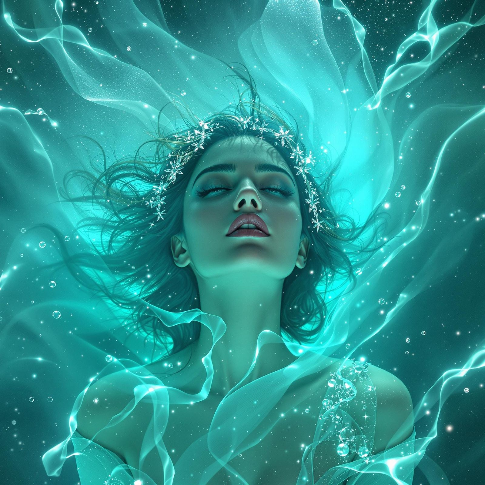 Ethereal Goddess Radiates in Turquoise Aura