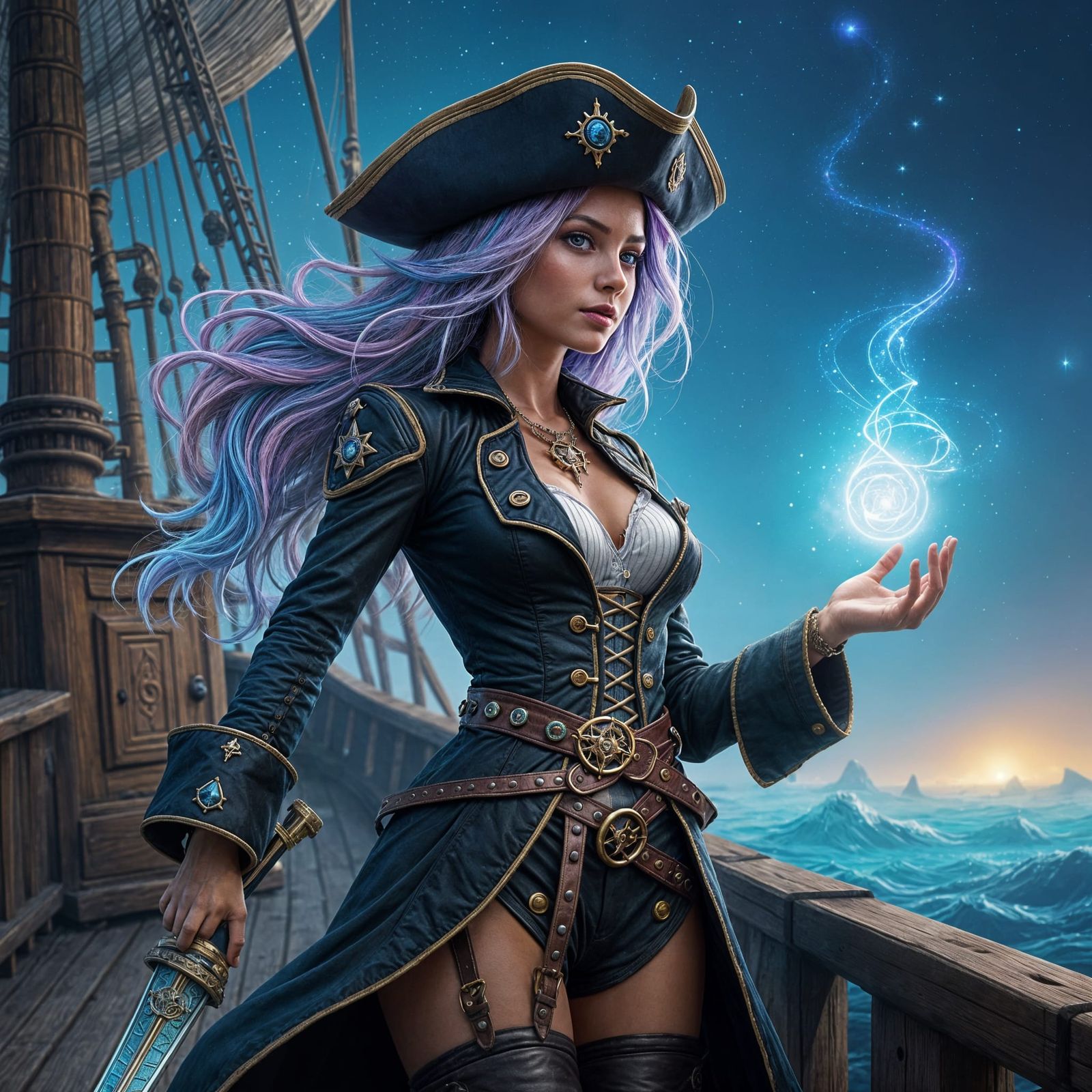 Rainbow-Haired Pirate Captain on Spelljammer Ship