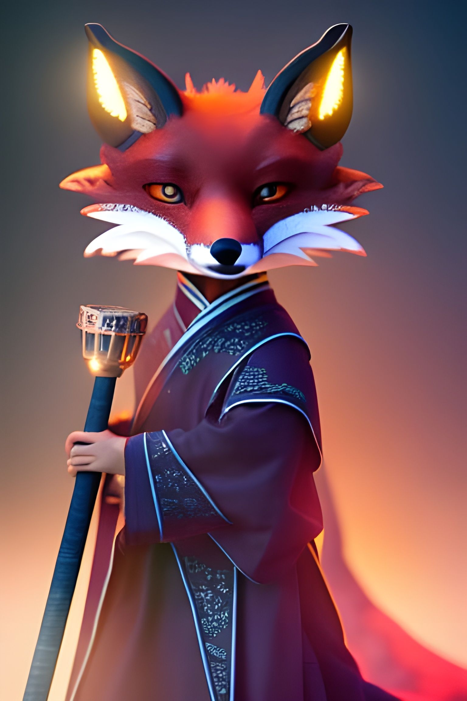 Mythical Fox-Bat in Hanfu with Diamond Baton