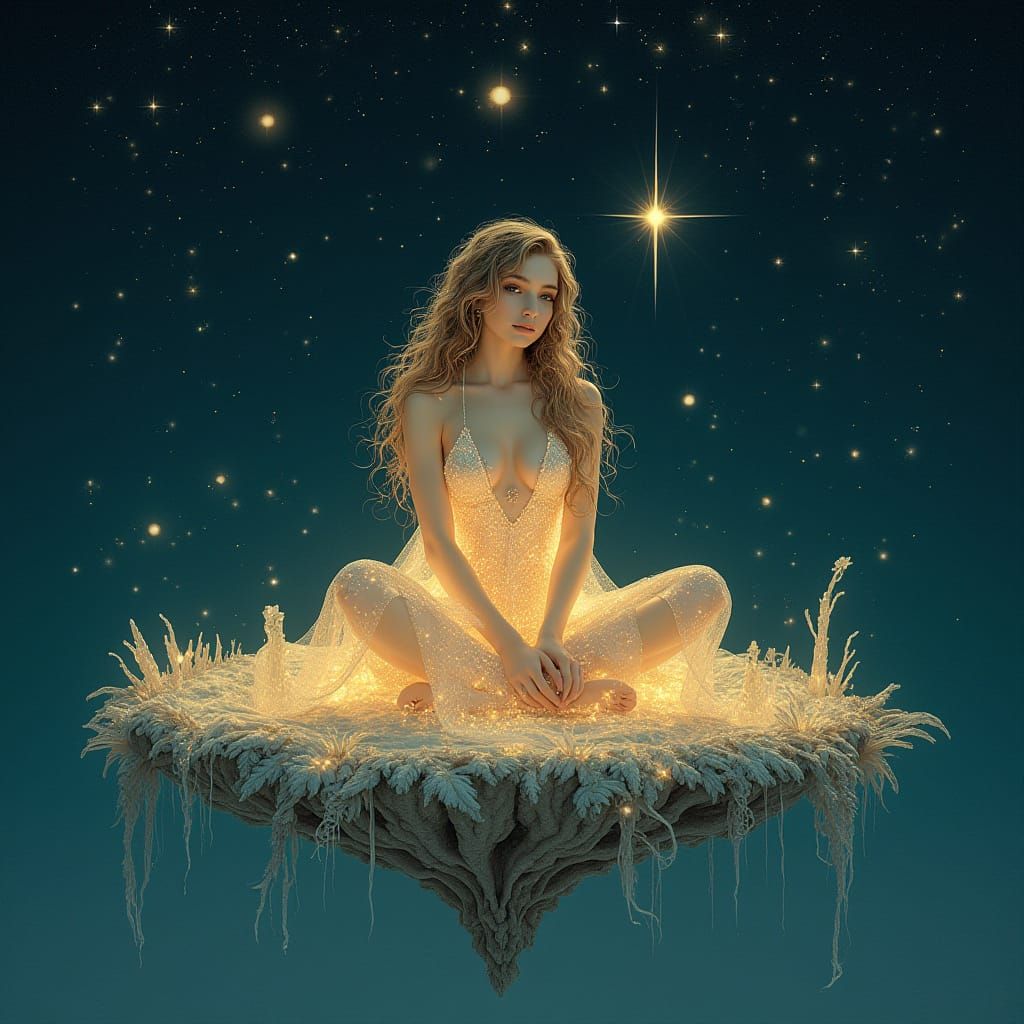 Celestial Goddess in Starry Landscape, Art Nouveau Style