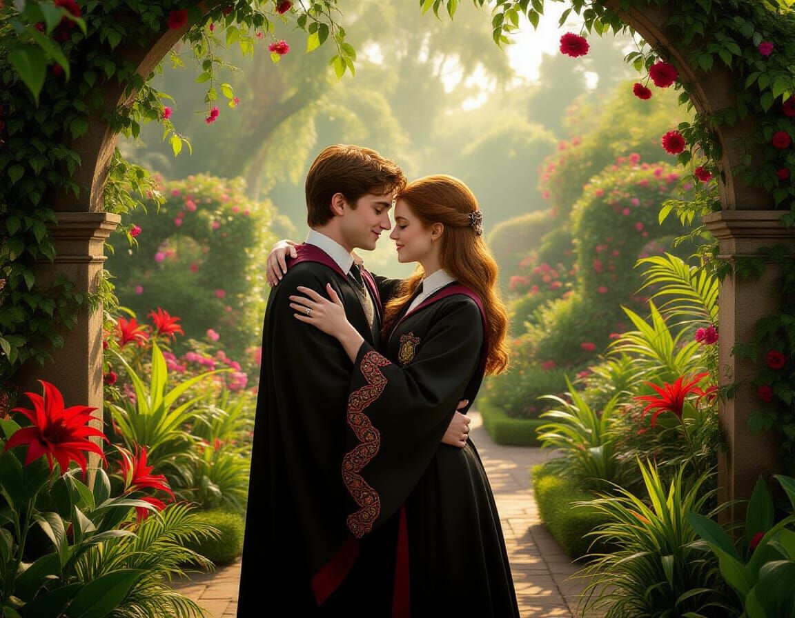 Harry Potter and Ginny Weasley: Surreal Garden Embrace