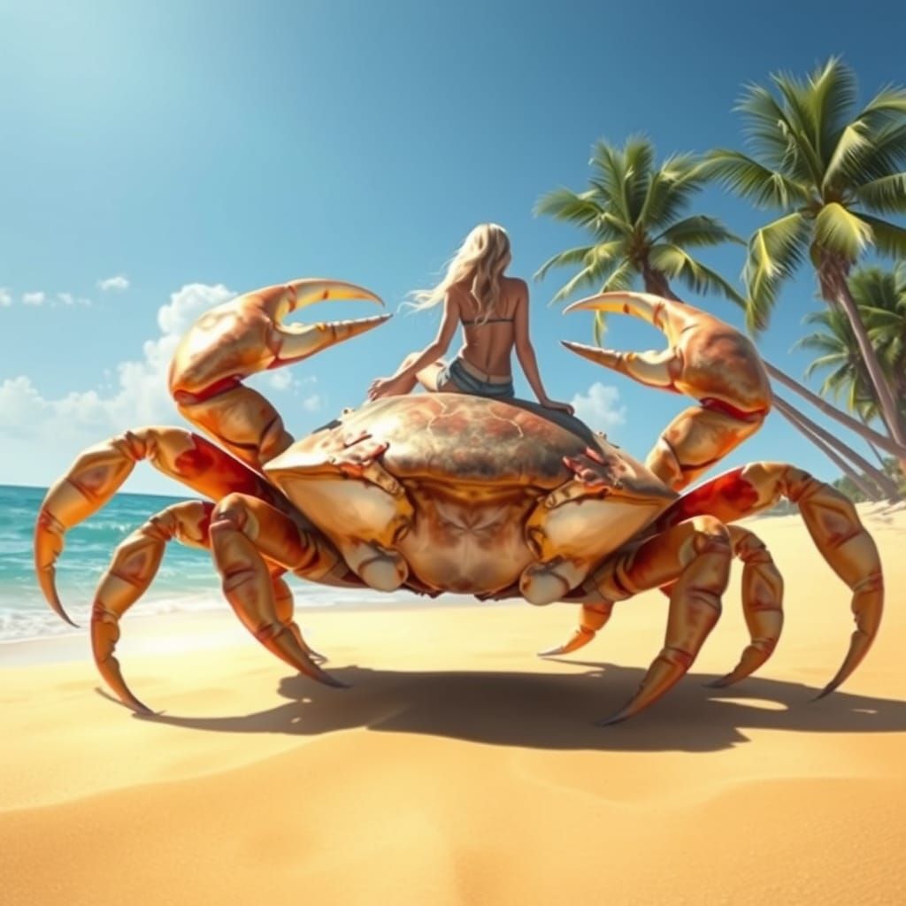 Woman Rides Giant Crab on Tropical Beach