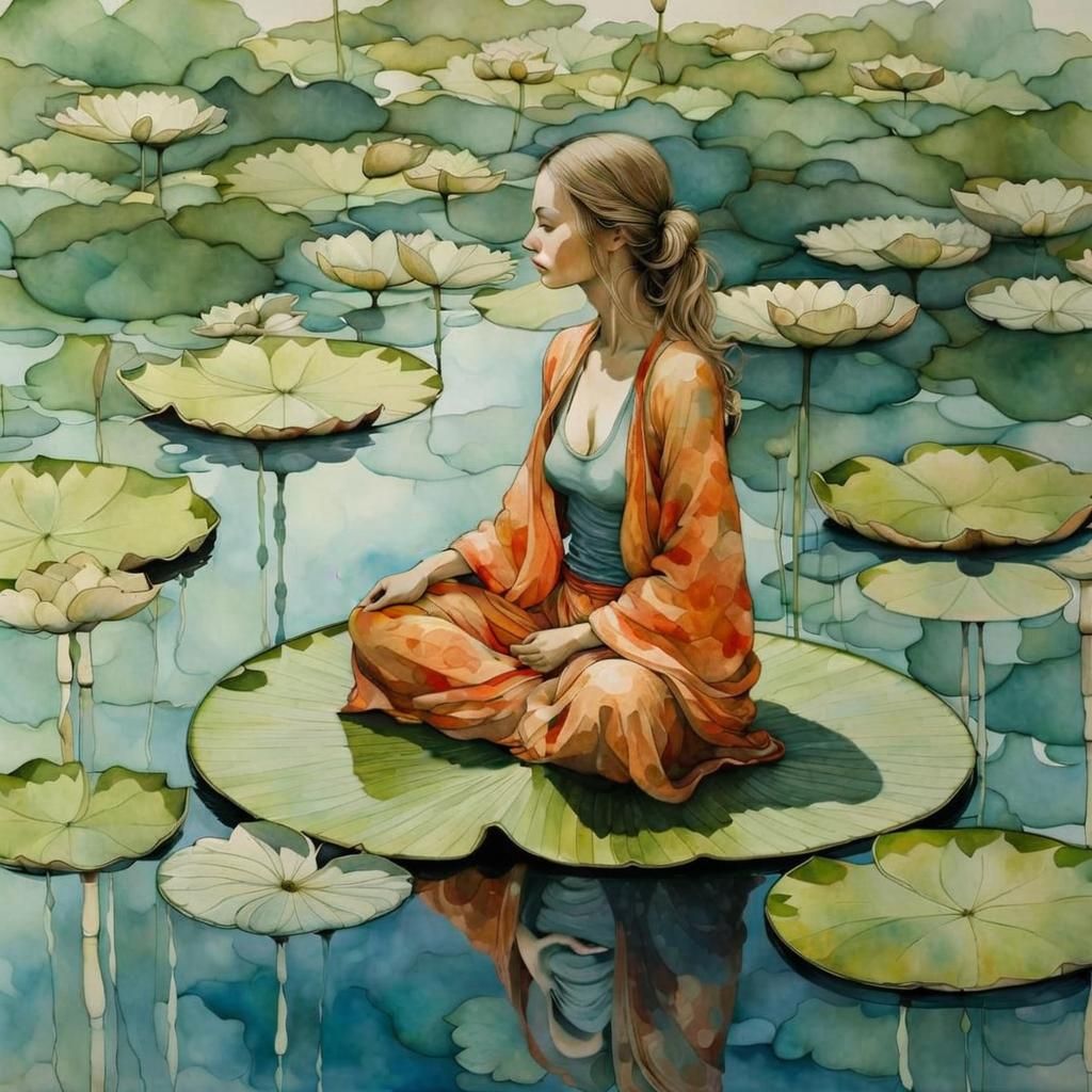 Woman Meditating on Lilypad in Lotus Lake