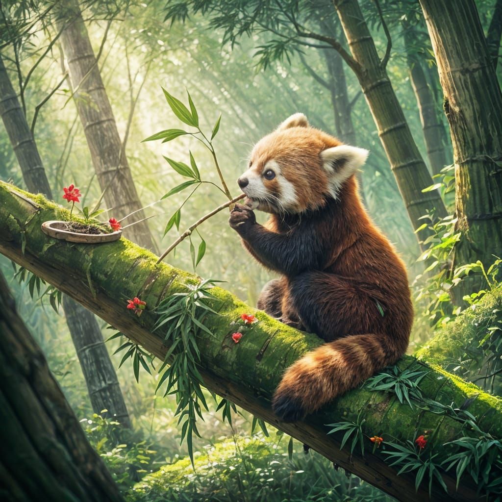 Cute Red Panda Eating Bamboo in Forest