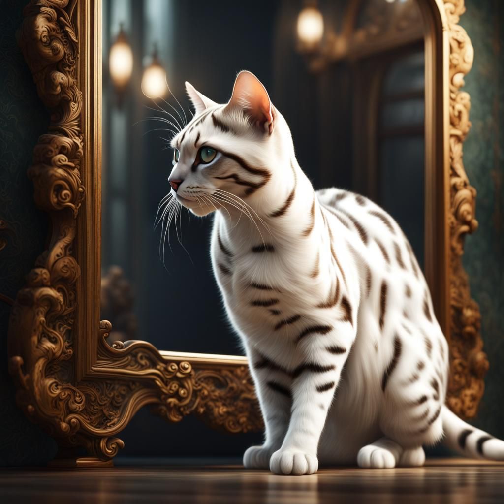 White Bengal Cat Reflection: Detailed Matte Painting
