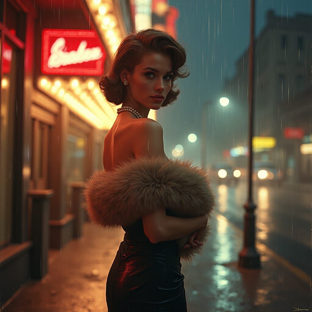 Glamorous Starlet on a Rainy Street, Vintage Hollywood Style