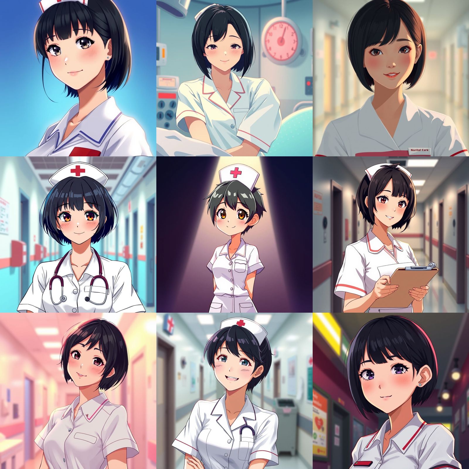 Anime Nurse with Short Black Hair, Cel-Shaded Style