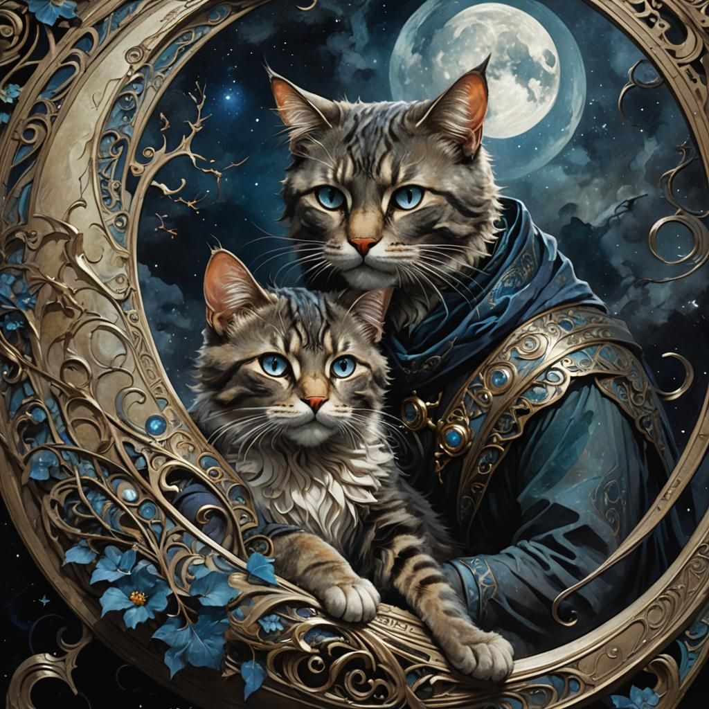 Dark Fantasy: Cat, Boy Blue, and Moon in Aura