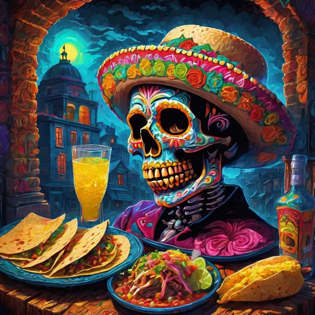 Calaveras Celebrate with Tacos in Impasto Blacklight Style