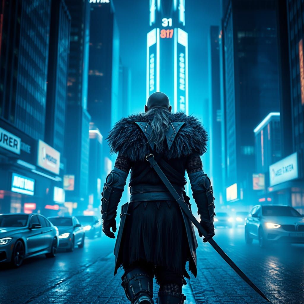 Viking Warrior in Futuristic City with Neon Lights