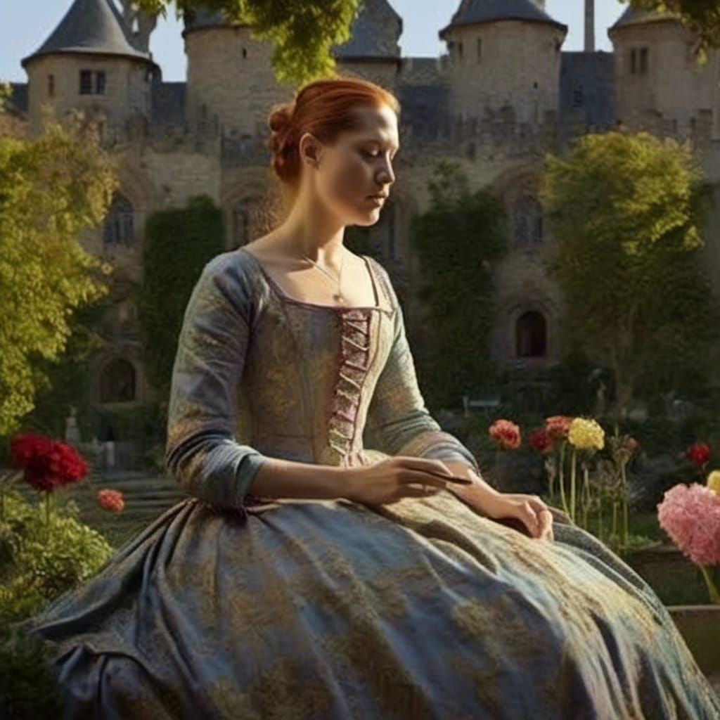 A picture of <lora:Elizabeth:1.0>, dressed as a medieval noblewoman, is painting a picture of a garden in a castle court...