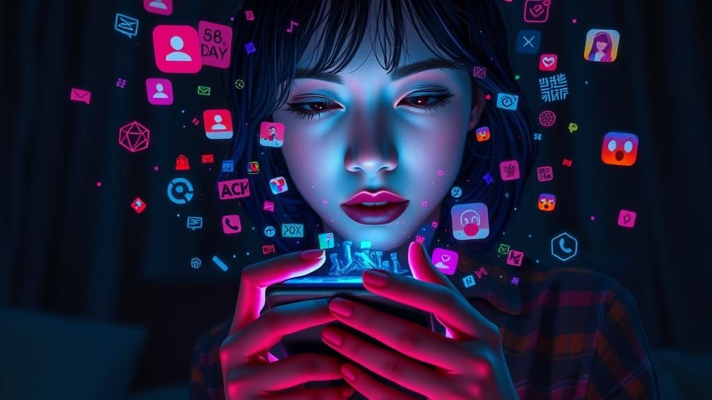 Woman Overwhelmed by Smartphone Notifications in Dark Room