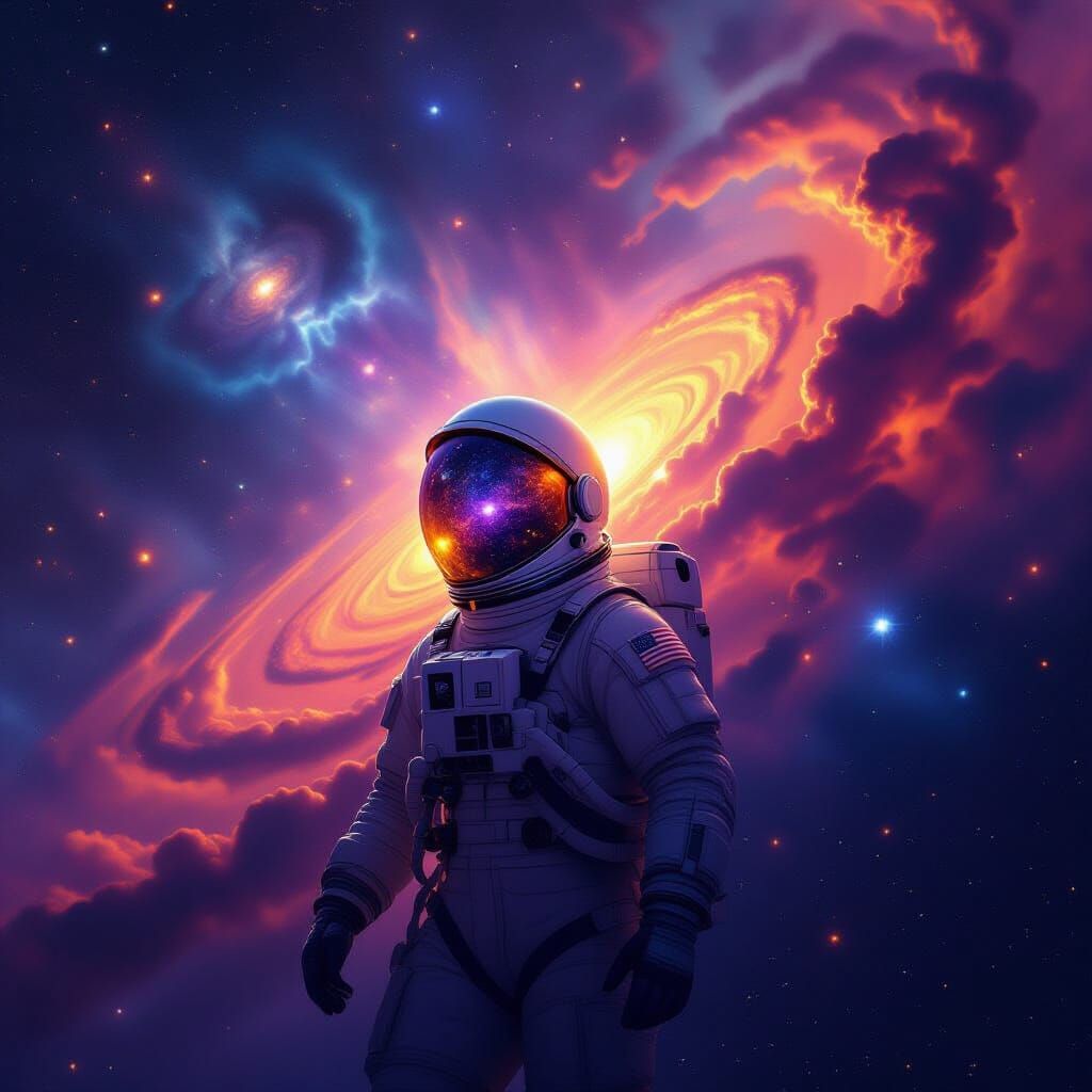 Astronaut Adrift in Vibrant Nebula with Cosmic Explosion