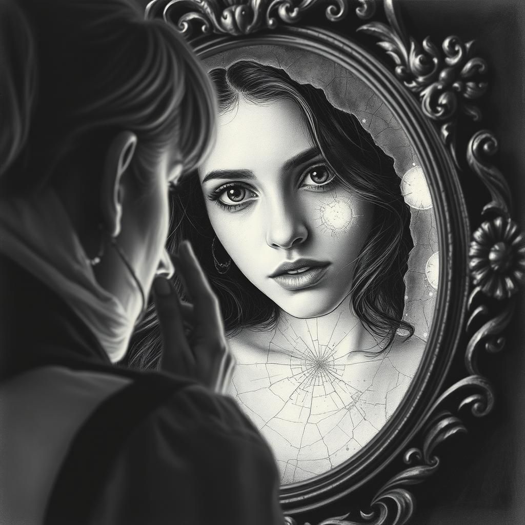 Introspective Woman Gazing into Mirror, in Charcoal Art Styl...