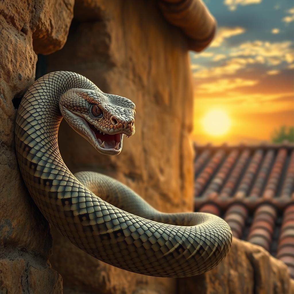 Menacing Cottonmouth Snake Coiled on Adobe Wall