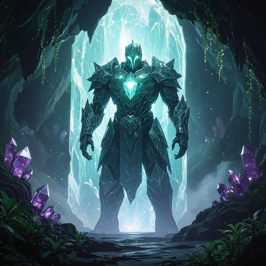 Bioluminescent Crystal Golem Guards Portal