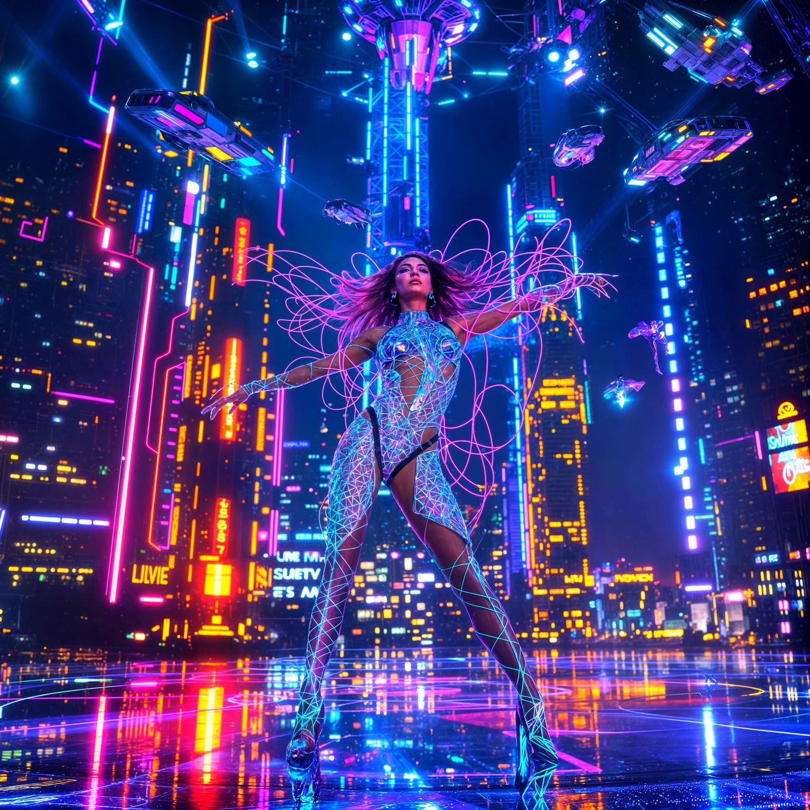 Futuristic Showgirl Performance in Cyberpunk Style