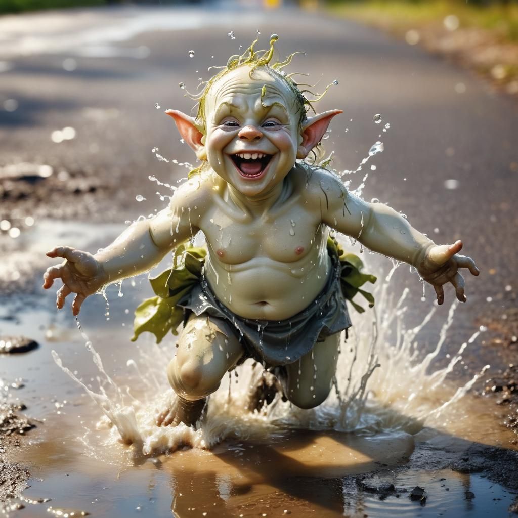 Laughing Ogre Child Splashing: Hyperrealistic Close-Up