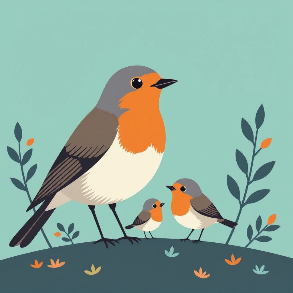 Minimalist Robin and Chicks Art
