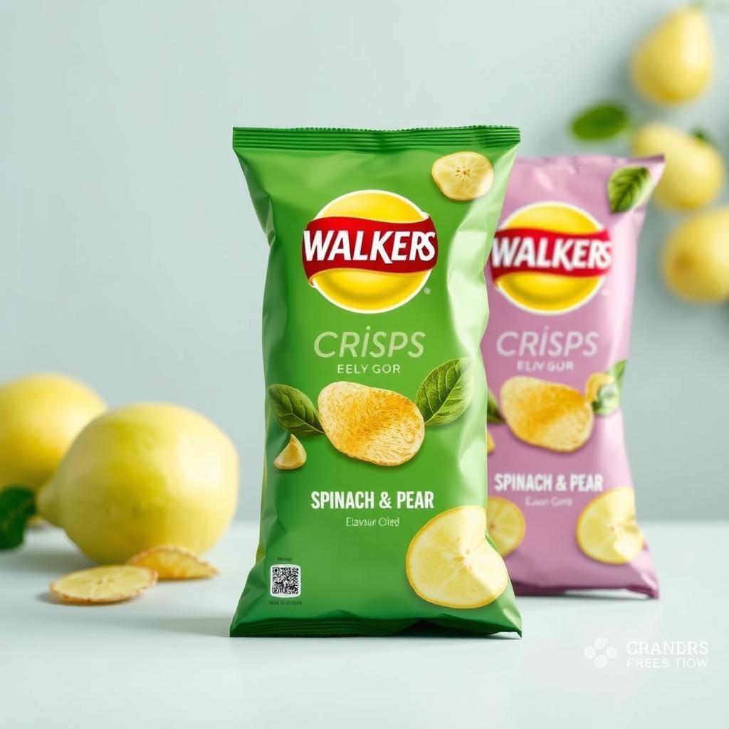 Walker Crisps packet for a new "Spinach and Pear" flavour,