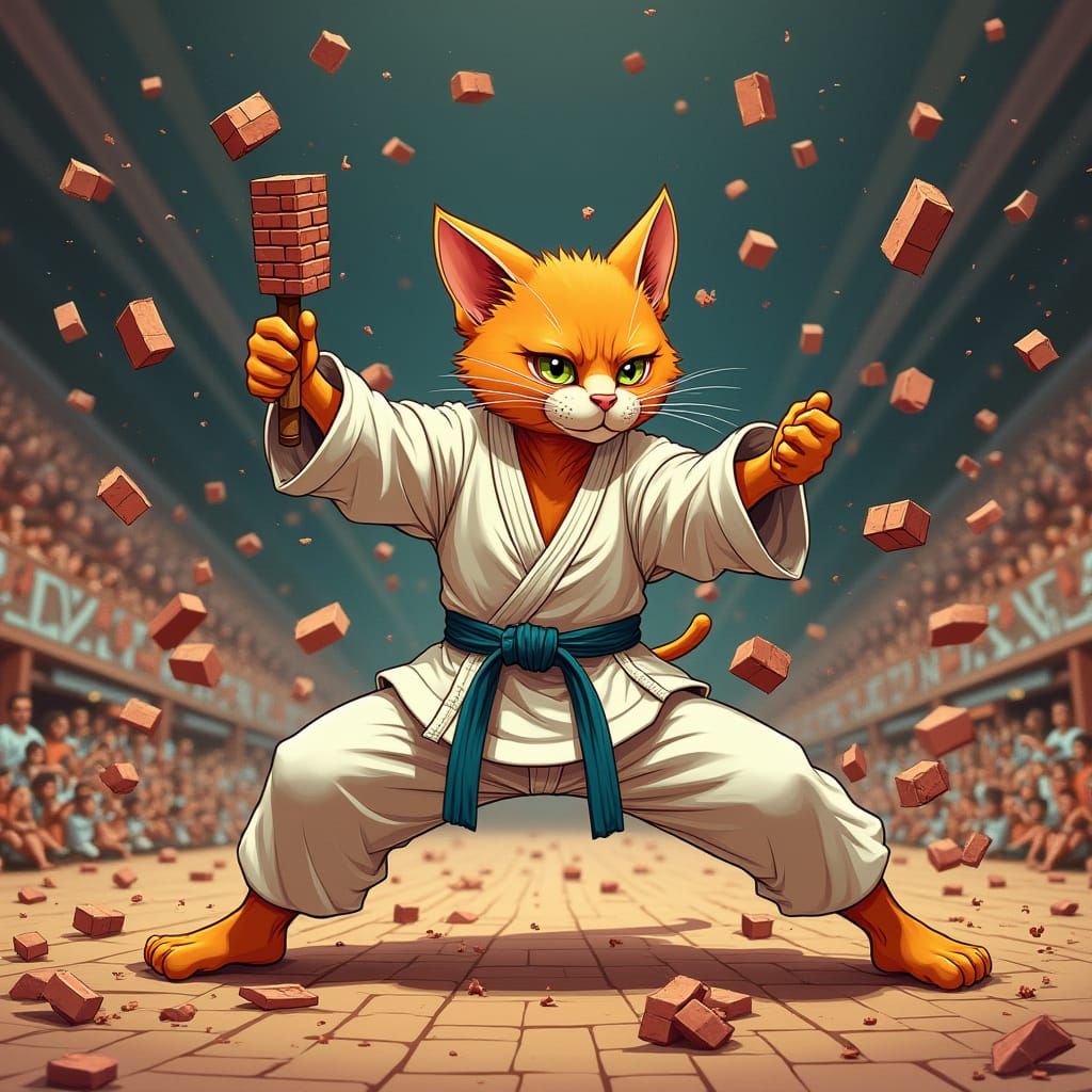 Skinny Kitty Breaks Bricks in Dynamic Digital Art