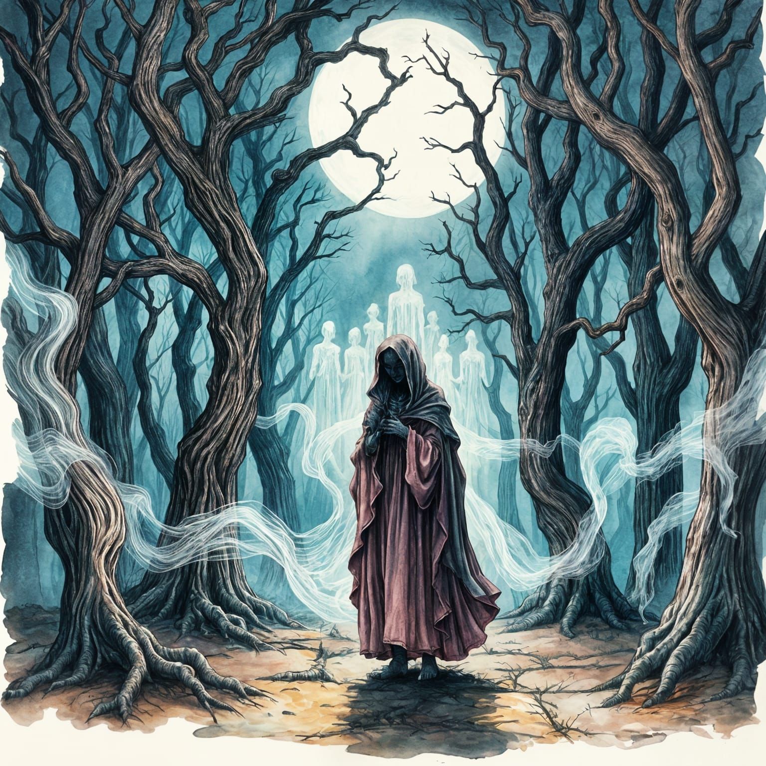 Mysterious Figure Walks in Moonlit Forest