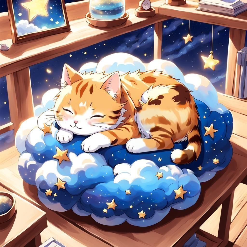 Cat Nap: Anime-Style Dream Under Starry Sky