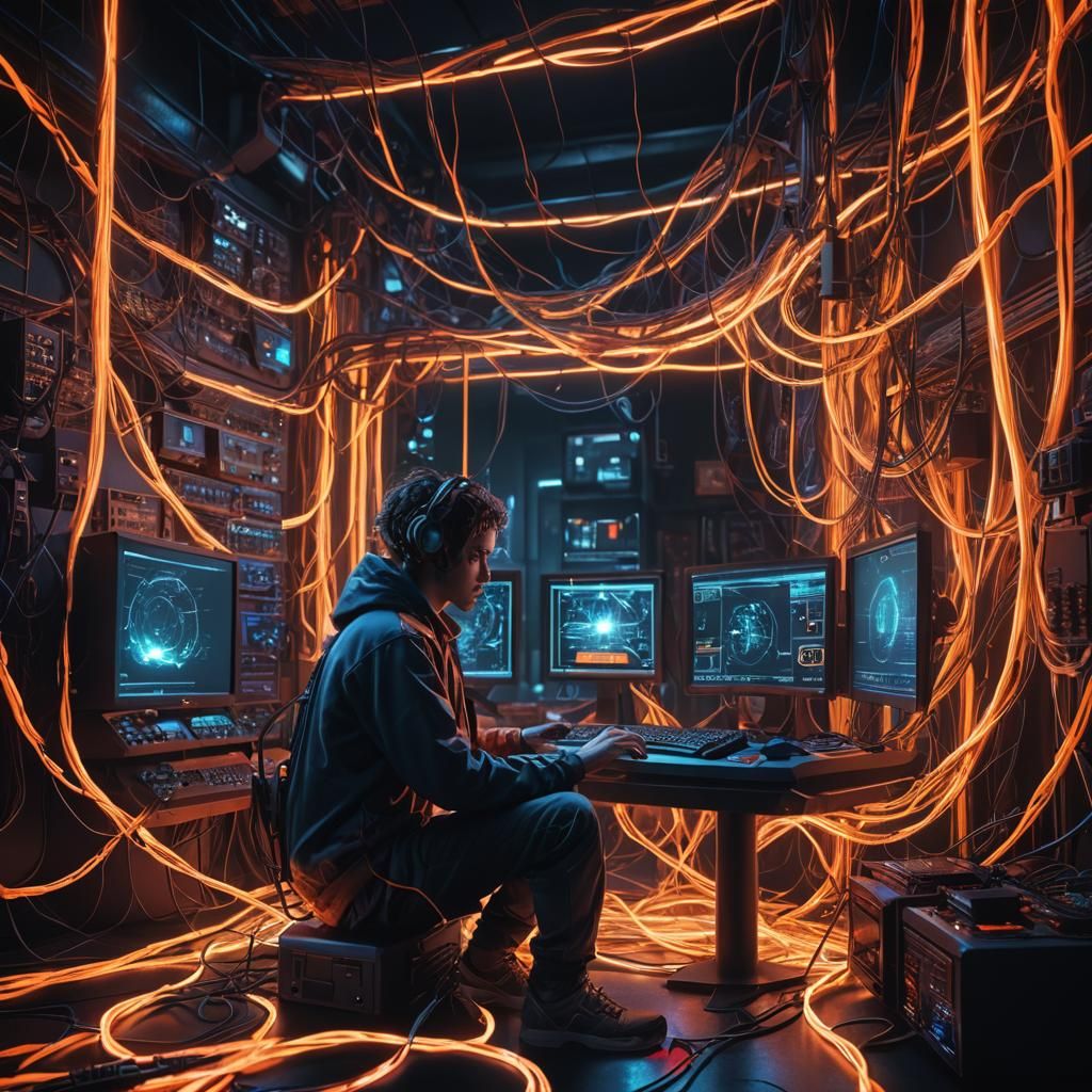 Futuristic Computer Setup in Cyberpunk Style