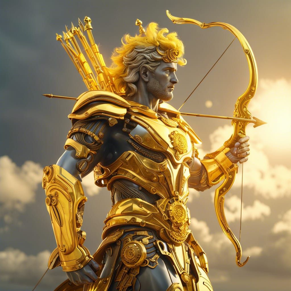 Futuristic Apollon with Bow and Arrow in Clouds