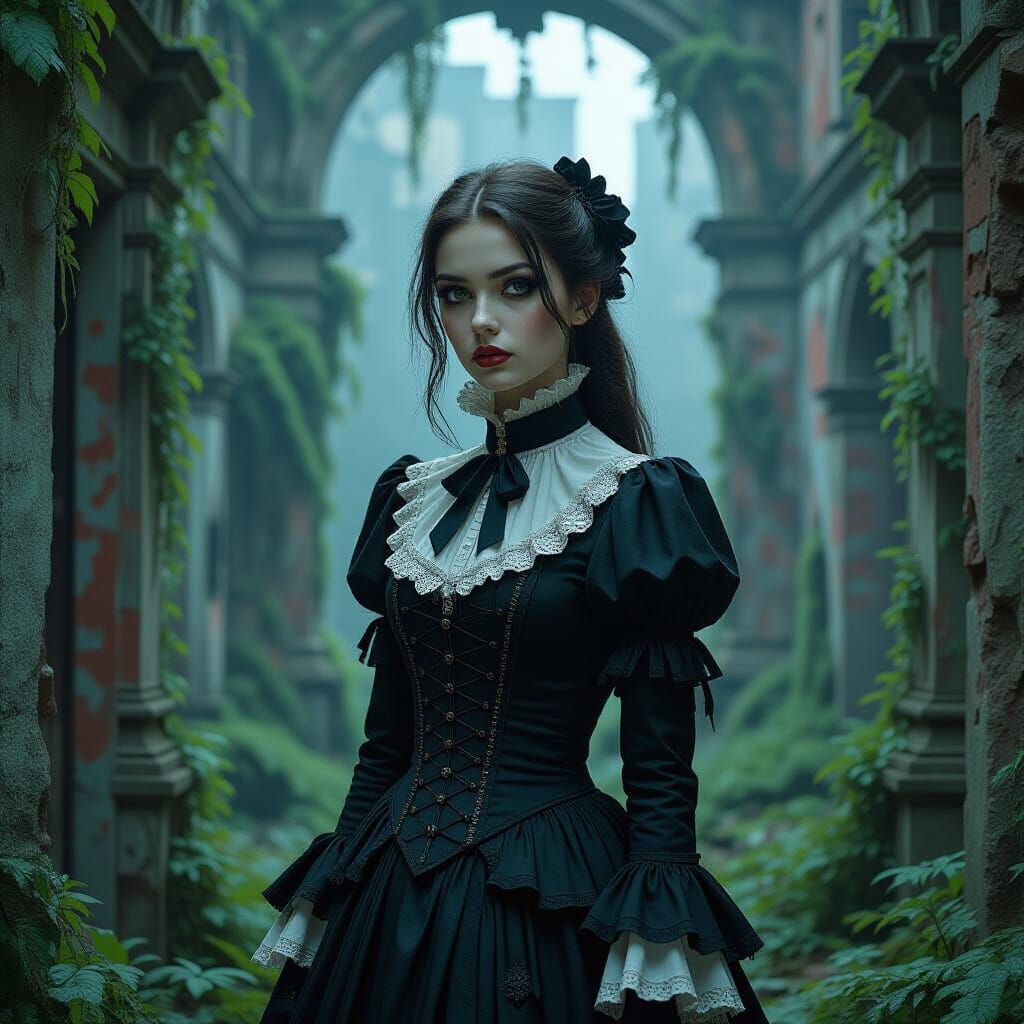 Goth Woman in Overgrown Biopunk City