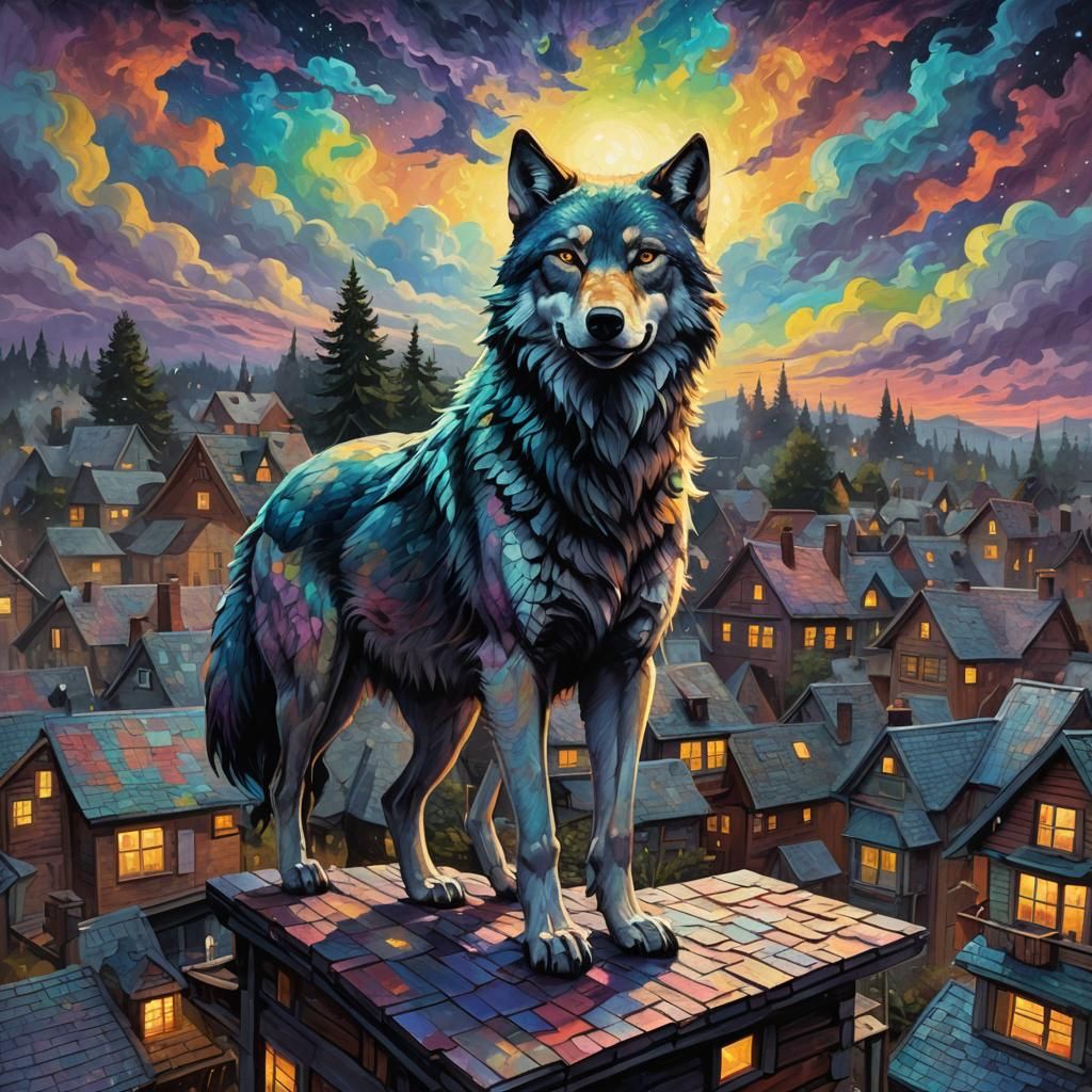 Wolf Party on Roof in Neo-Expressionist Style