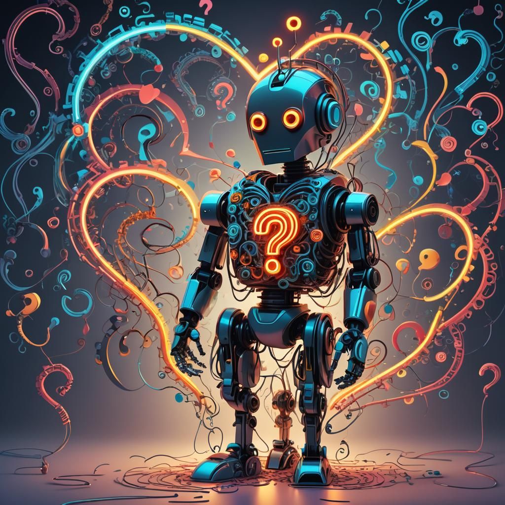 Confused Robot with Neon Question Mark, Fractal Style