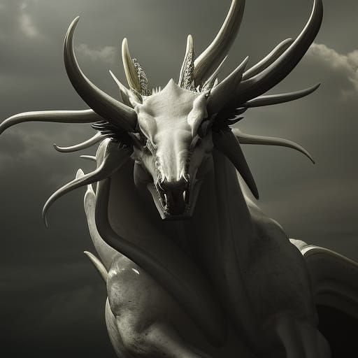 Silver Dragon Portrait with Antler Horns in Sunlight