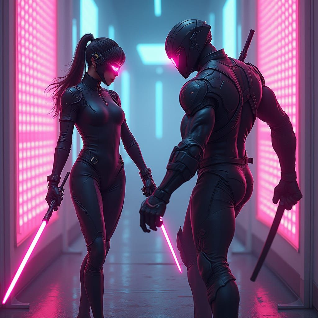 Cyberpunk Duel Between Ninja Assassins in Neon Arena