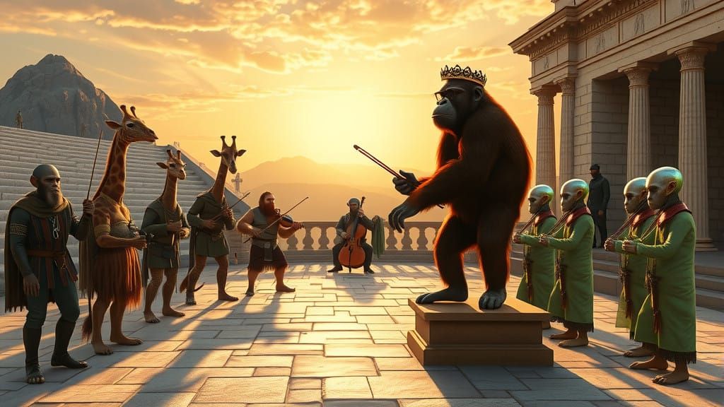 Mythical Musicians Gather in Ancient Greek Amphitheater