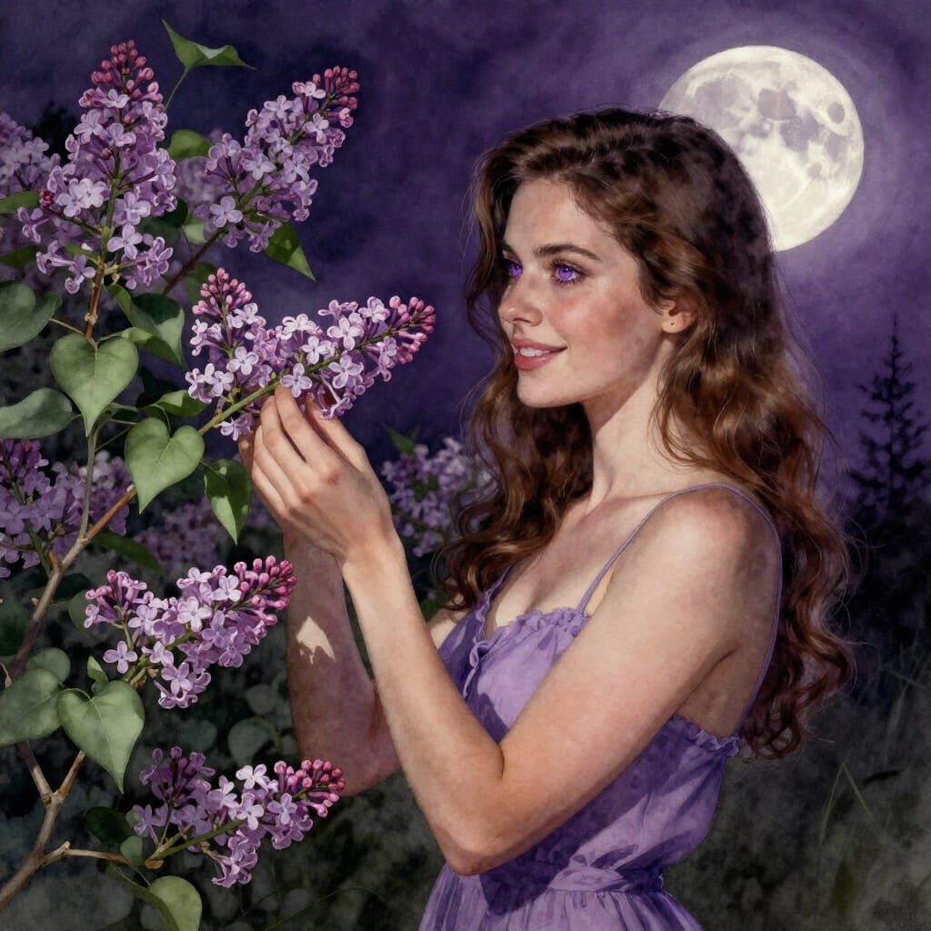 Woman Picking Lilacs in Violet Moonlight
