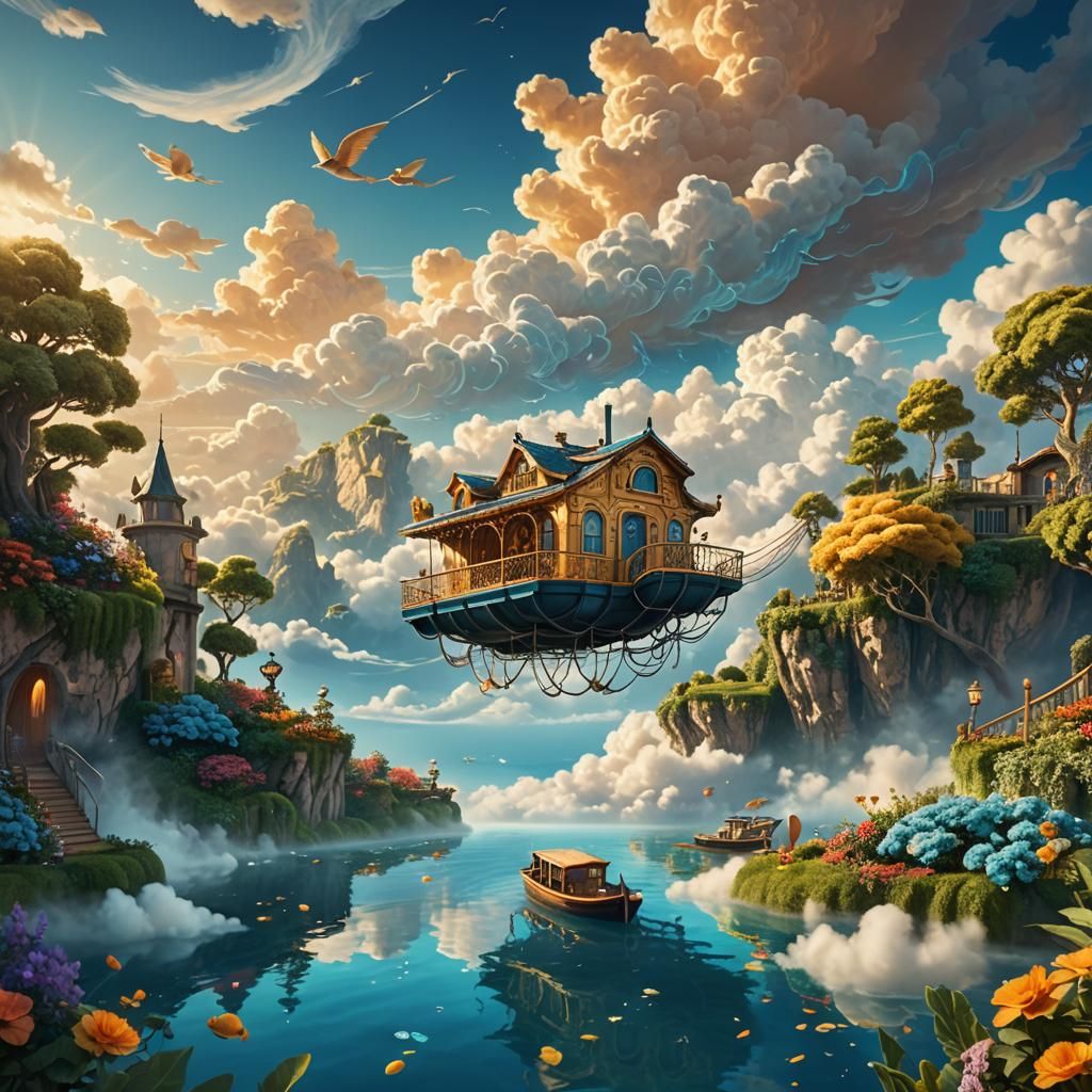 Whimsical Houseboat Floating in a Cloudscape